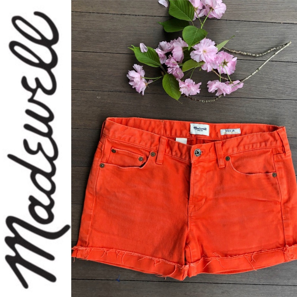 Madewell 3” Rolled Hem Orange Denim Shorts EUC 28